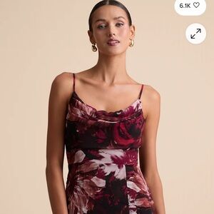 Lulu's Burgundy Floral Cowl Neck Midi Dress